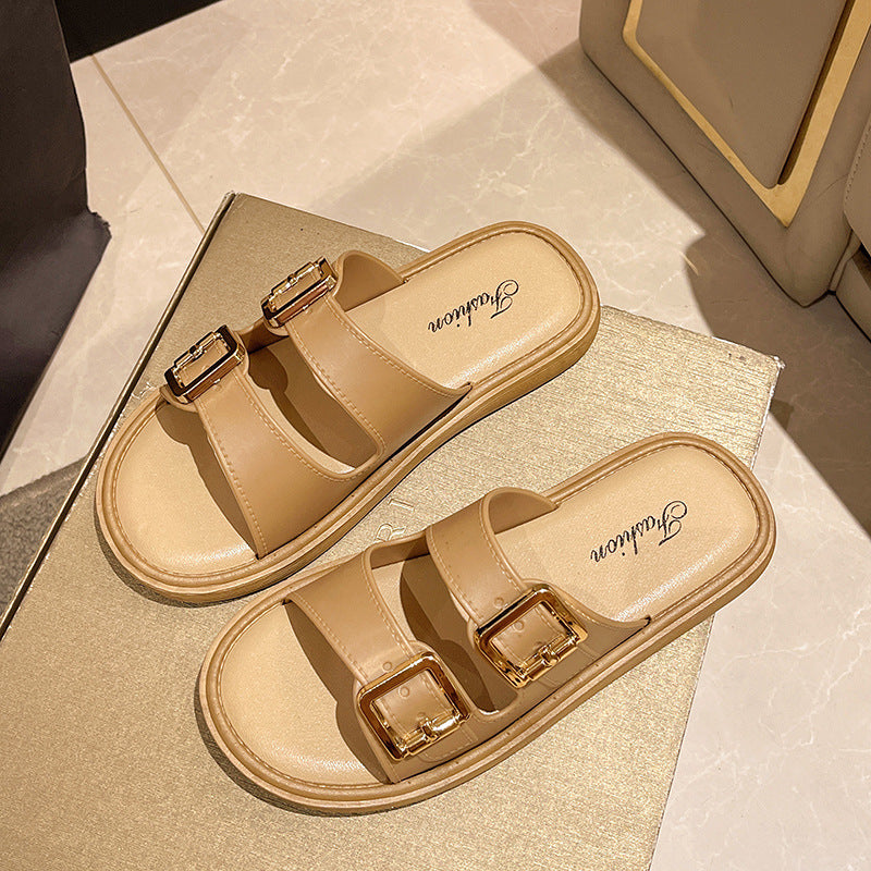 2024 new retro fairy style soft sole flat leather buckle slippers women's summer beach one-strap sandals