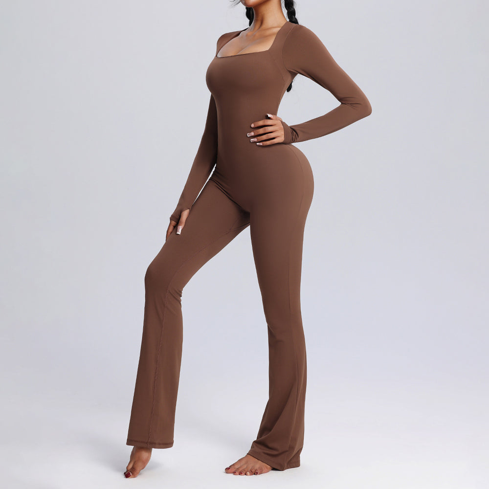 hot-selling one-piece yoga clothes personalizedfall and winter square neck long-sleeved fitness clothes women's dance training one-piece jumpsuit