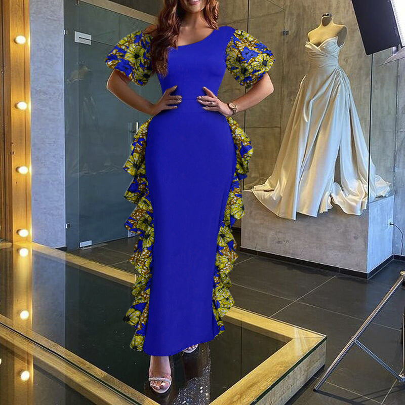 fashion african export new arrival evening dress oblique shoulder style e-commerce  women's wax cloth puff sleeve long skirt