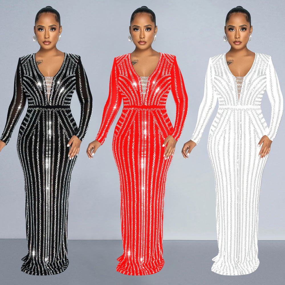 C6809 cross-border   fashion women's solid color rhinestone long sleeve slit maxi dress