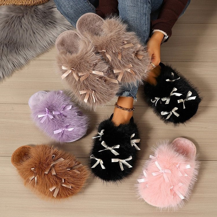 New arrival cross-border winterbows large fur slippers indoor heattech plus outer thick sole shit-feeling cotton slippers wholesale
