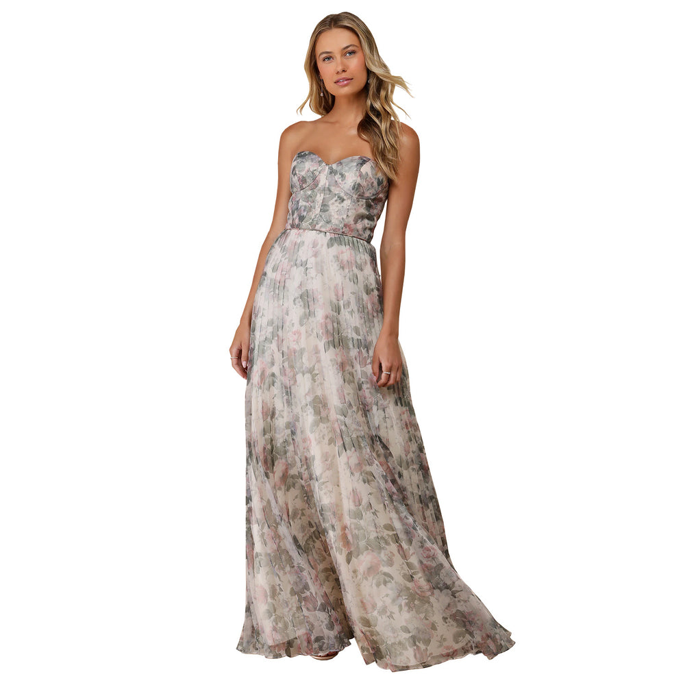 C7751 cross-border  new women's tube top fishbone floral pleated long evening dress fairy chiffon long skirt