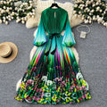 European and american niche style printed dress - women's new autumn collection - tie-waist, lantern sleeves, pleated, maxi dress with a-line skirt
