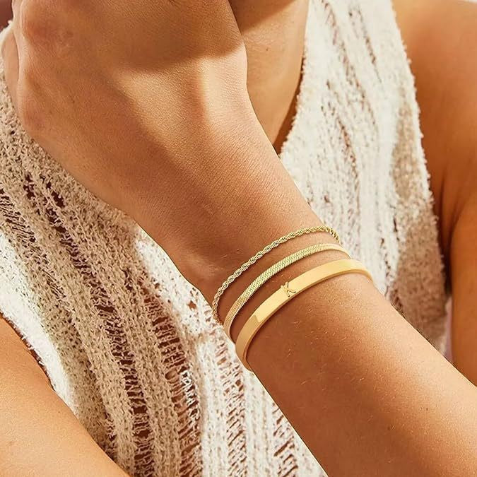 Three-piece bracelet set for women, everyday style, featuring stainless steel small square links, blade links, spacer bead links, nk links, twisted rope links, and polished links