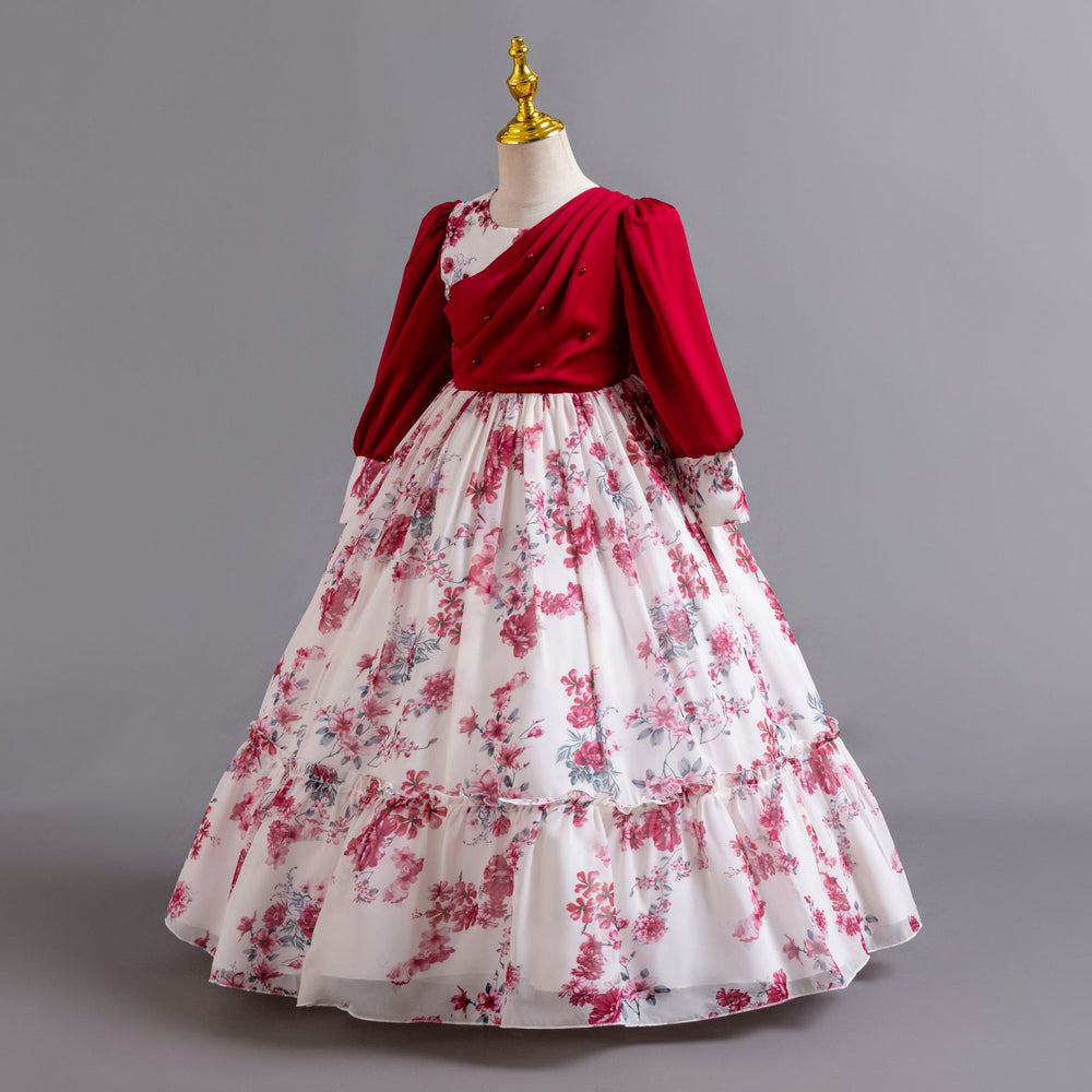 New in stock girls floral evening dress chiffon long sleeves princess dress model catwalk dressgirl dress