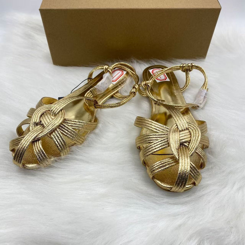 Za cross-border independent station insfashion catwalk electroplated steel heel one-word buckle strap simple open toe women's shoes sandals