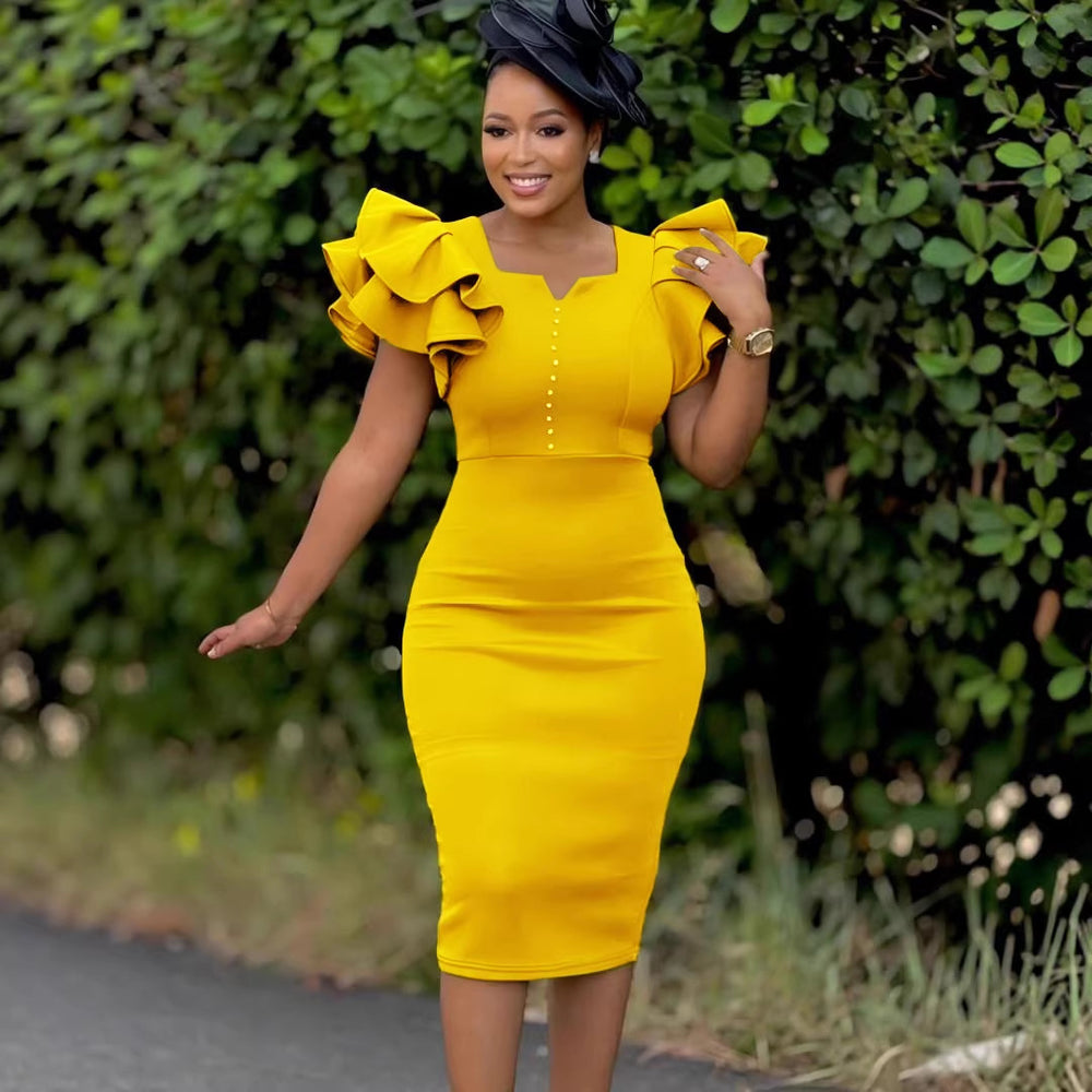 D575 cross-border independent station fashion summer women's beaded ruffle sleeve bodycon party dress african dress