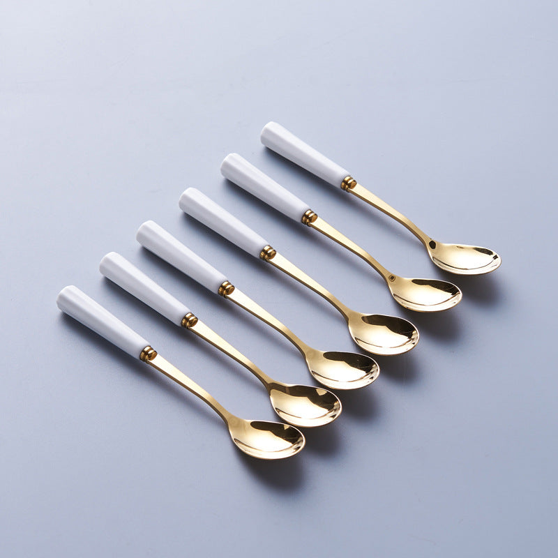 Gold-trimmed striped ceramic fruit fork storage jar - stylish stainless steel fruit forks, a great home essential, spoon and fork set