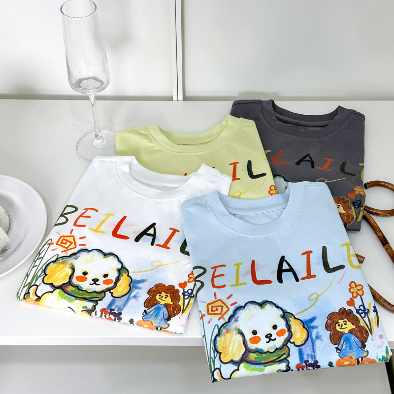 Boys and girls new arrivalsummertopskids cartoon animal short-sleeved t-shirt baby girl k-style foreign style clothes in stock