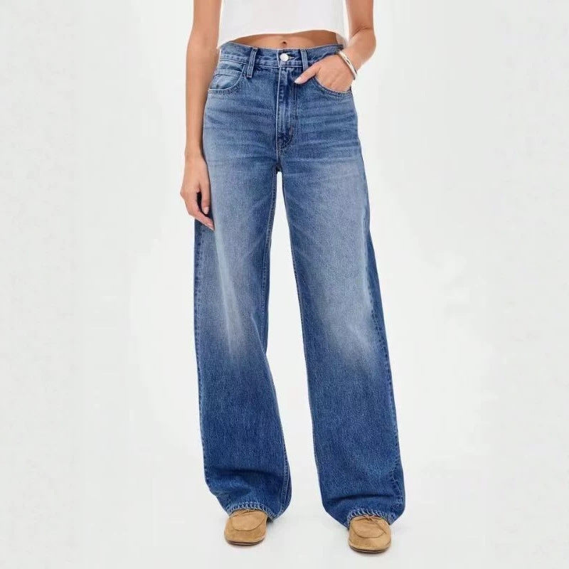 Vintage deep blue high-waisted wide-leg jeans for women - relaxed fit, drapey, slimming straight-leg trousers - casual and versatile denim pants