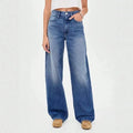 Vintage deep blue high-waisted wide-leg jeans for women - relaxed fit, drapey, slimming straight-leg trousers - casual and versatile denim pants