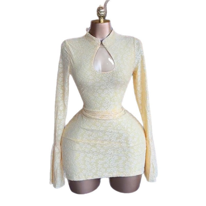 European and american women's clothing  autumn new sweet and fresh stand collar lace high waist slimming bodycon mini dress
