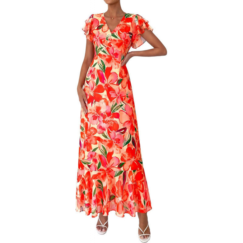 Summer floral maxi dress  spring short sleeve ruffle v-neck flowy bohemian beach vacation sundress