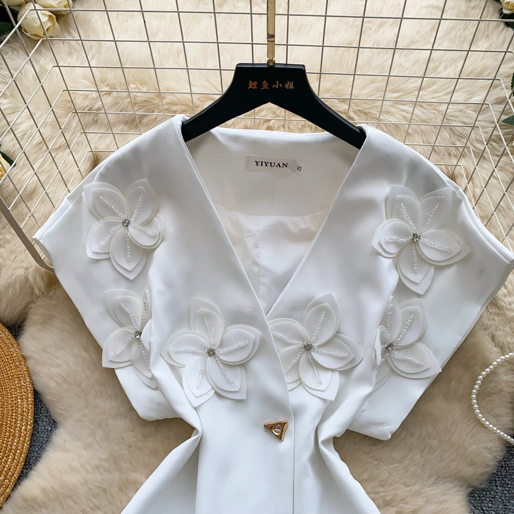 Korean style commute v-neck short sleeve loose shirt women's summer 3d floral embellished design cardigan top