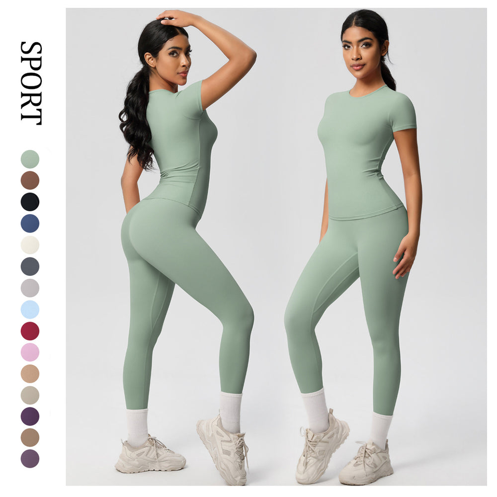 European and american nude feel compression quick-dry short sleeve yoga set - high waist, butt-lifting, outdoor training, running, and fitness activewear