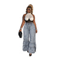 Fashionjeans women's elastic waist washed distressed rufflespatchworkloose pants export hot girl denim pants