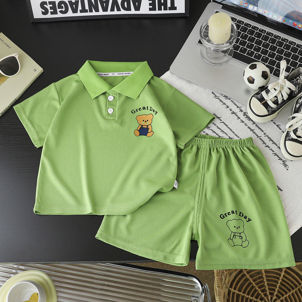 Kids' polo shirt set - boys' and girls' turn-down collar t-shirt, summer waffle knit short sleeve and shorts outfit, wholesale children's clothing (sizes for mid-to-large children)