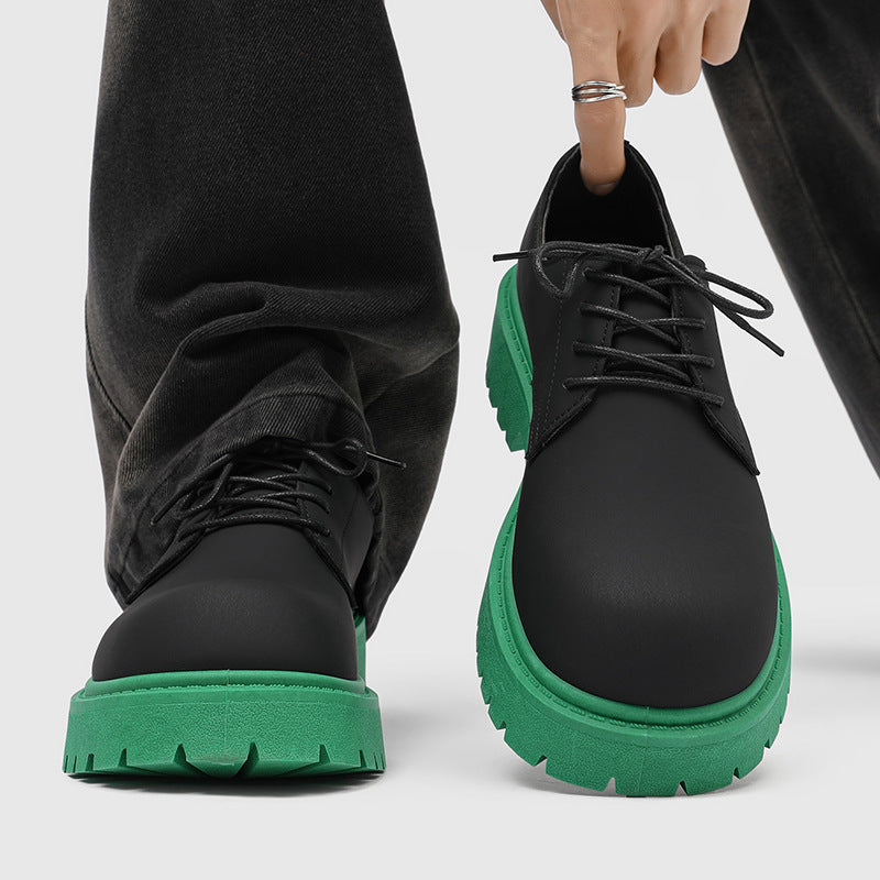 Shoes niche style design ins style casual leather shoes men's high-end sense of heighteningthick sole color matching mickey big toe derby shoes