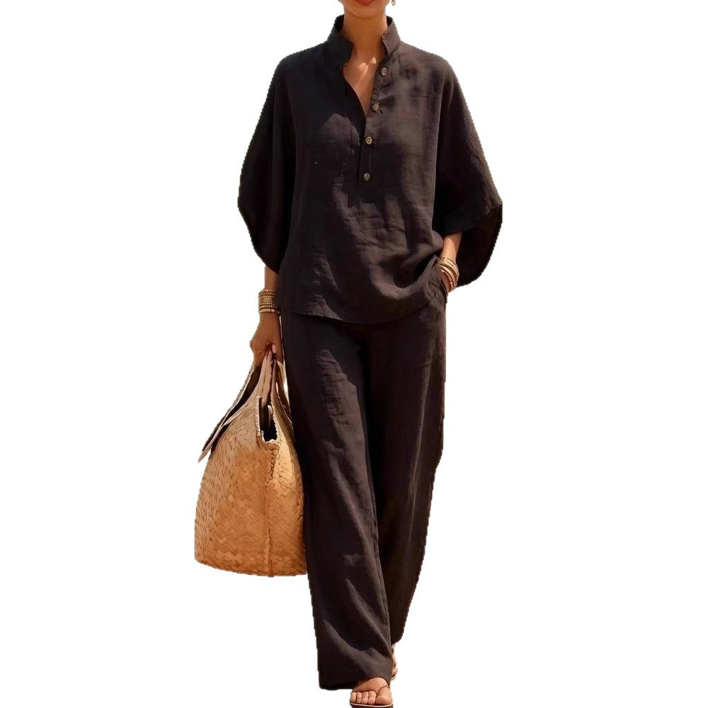 european and american cross-border new spring/summer comfortable casual button-down shirt and wide-leg pants linen two-piece women's set
