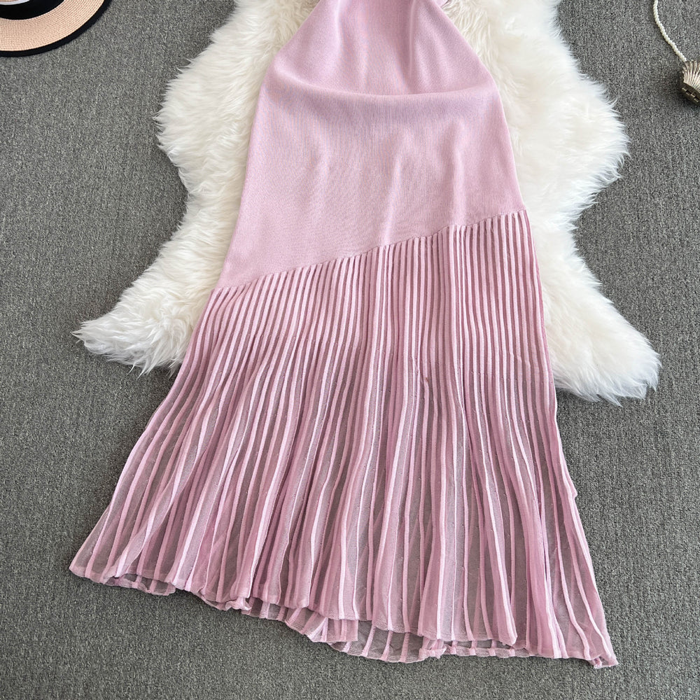 High-end see-through pink patchwork dress for women, new summer style, sweet and spicy girl, knitted camisole, beach-ready mermaid maxi dress