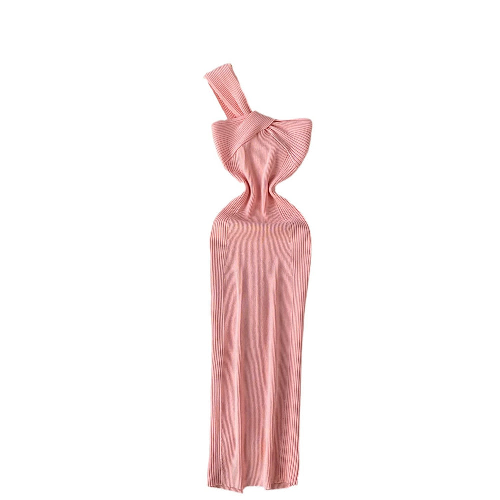 European and american high-end knitted asymmetrical neckline dress - women's summer irregular light luxury slit design - pure desire hot girl maxi dress