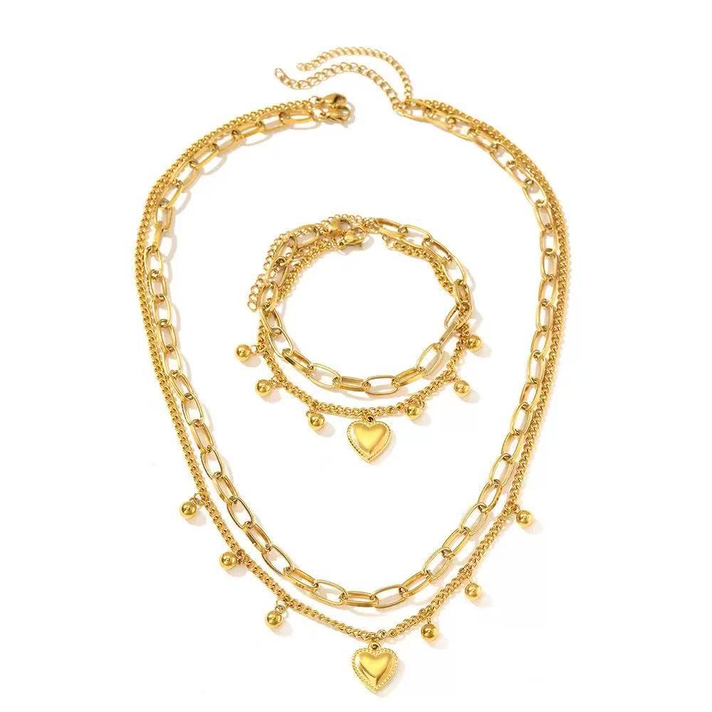 Stainless steel european and american style heart bead double layer necklace and bracelet set - premium women's jewelry