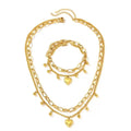 Stainless steel european and american style heart bead double layer necklace and bracelet set - premium women's jewelry