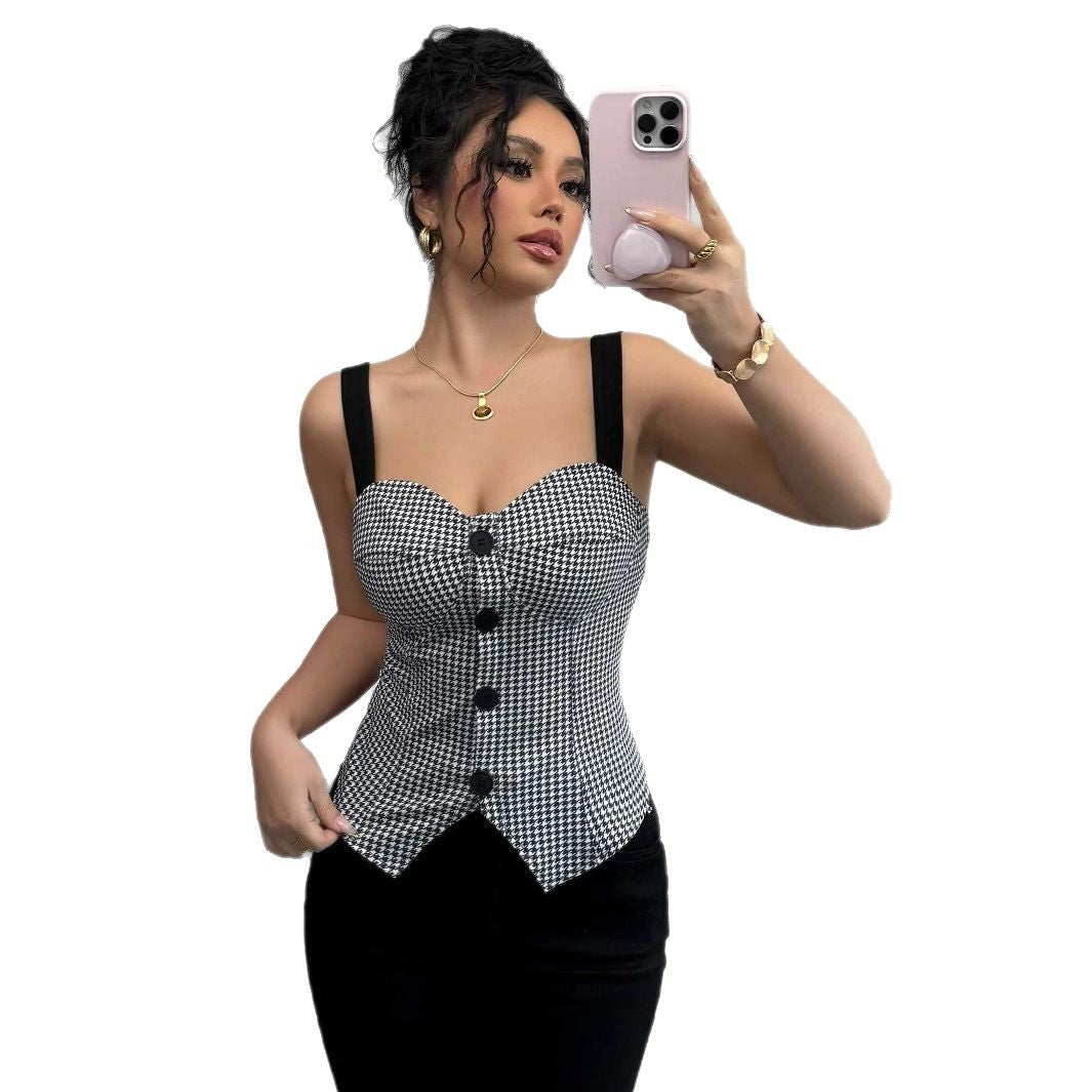 elegant slim-fit cardigan European and American  thousand-bird grid pattern single-breasted vest for women