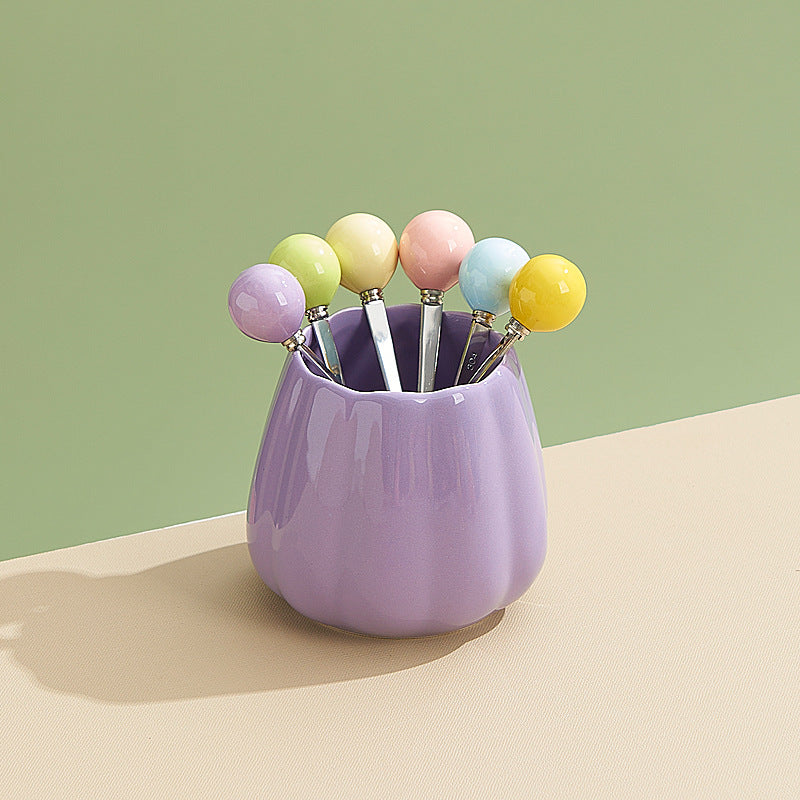 Dopamine color mixing stainless steel fruit forks, high-value afternoon tea dessert fork and spoon set with ceramic storage jar