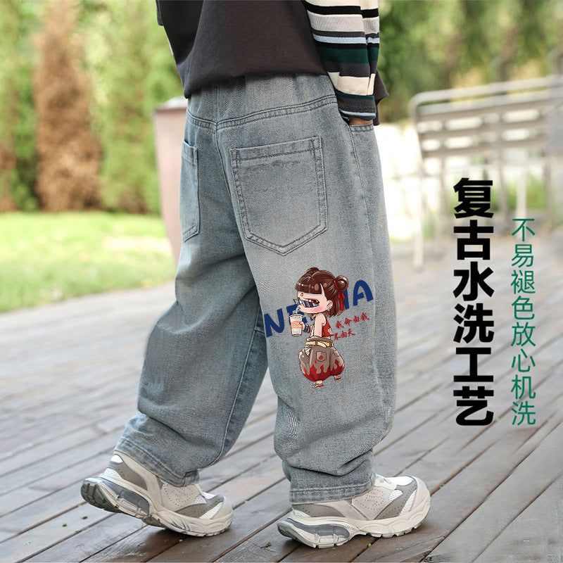 Nezha boys' jeans spring collection: mid-to-large size straight-leg, loose-fit trousers,  new style, scimitar pants, trendy