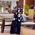 European and american women's clothing  autumn new collection: sweet and fresh printed long-sleeve blazer and pleated wide-leg pants two-piece set