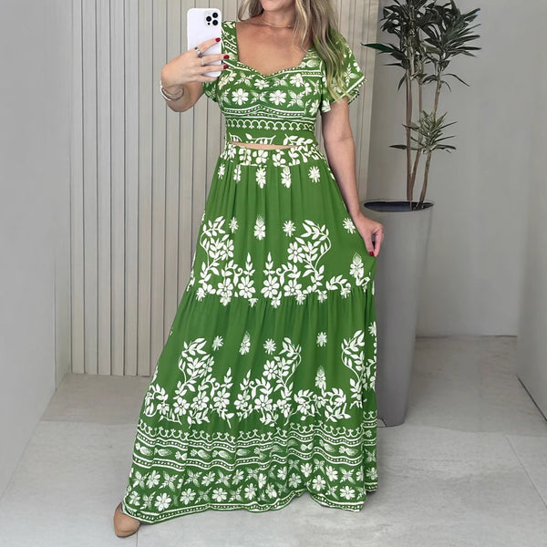10715 Cross-border Europe, America,  Women's Vacation Casual Printed Short Sleeve T-Shirt Top Skirt Two-piece Set