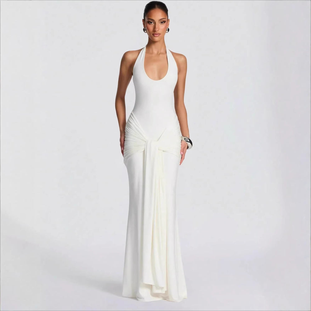 2026 cross-border women's fashion: new european and american style flowy ribbon spliced camisole maxi dress - slim fit bodycon halter neck evening gown