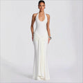 2026 cross-border women's fashion: new european and american style flowy ribbon spliced camisole maxi dress - slim fit bodycon halter neck evening gown