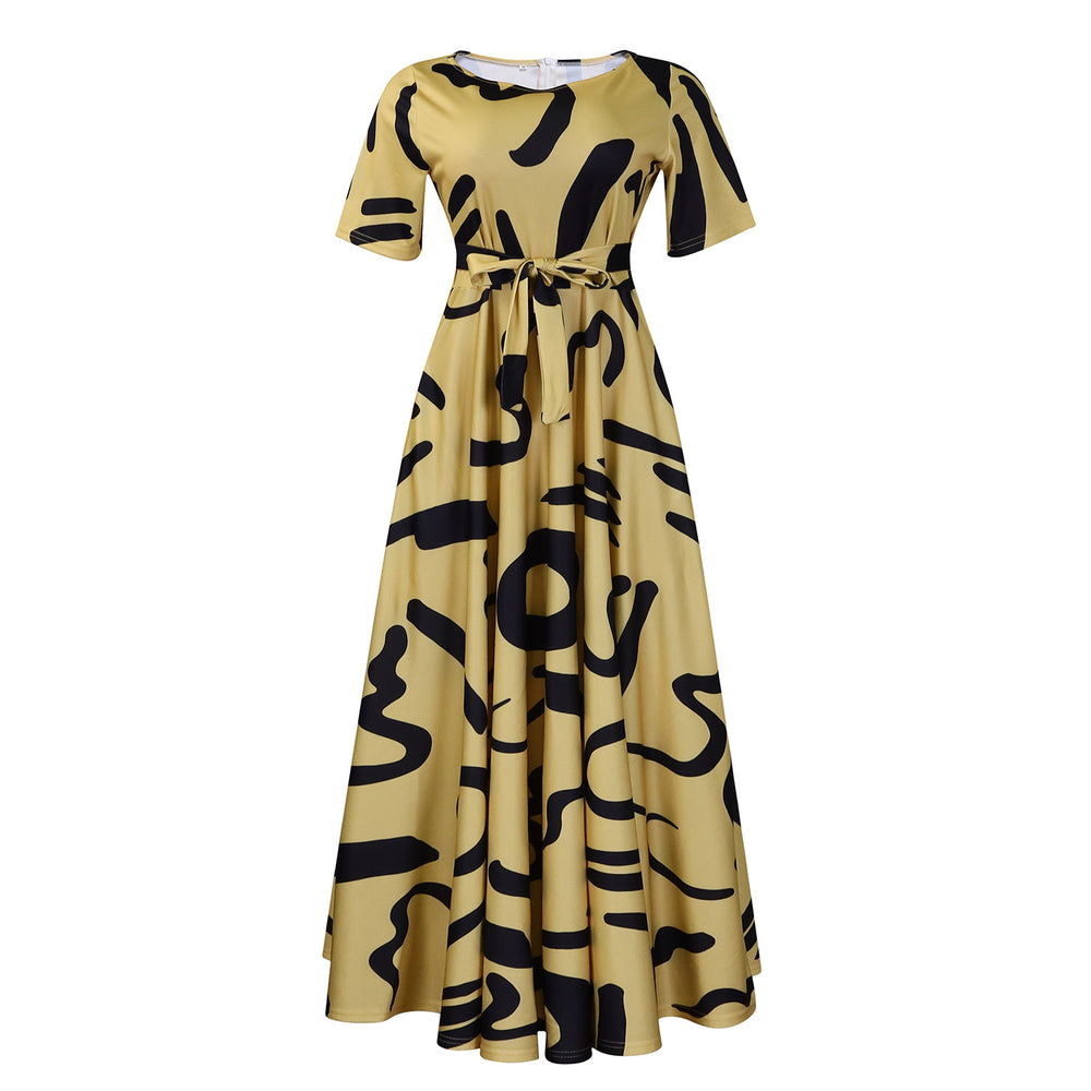 summer new fashion cross-border  elegant women's tie-up printed plus size european and american style dress