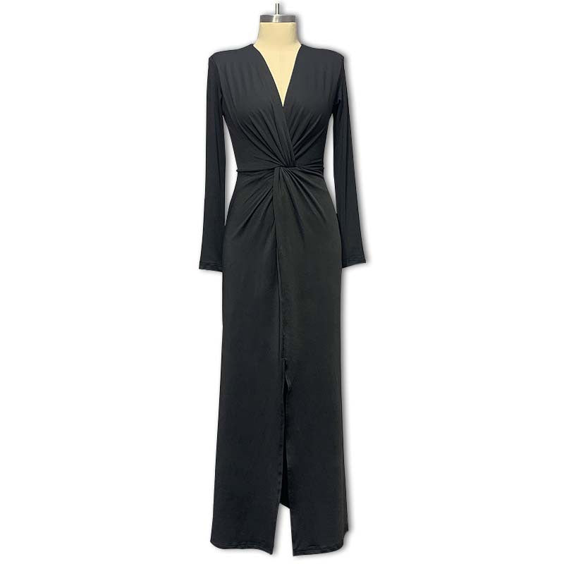 independent station cross-border fashion sexy deep v neck pleated sense of design high slit dress for women