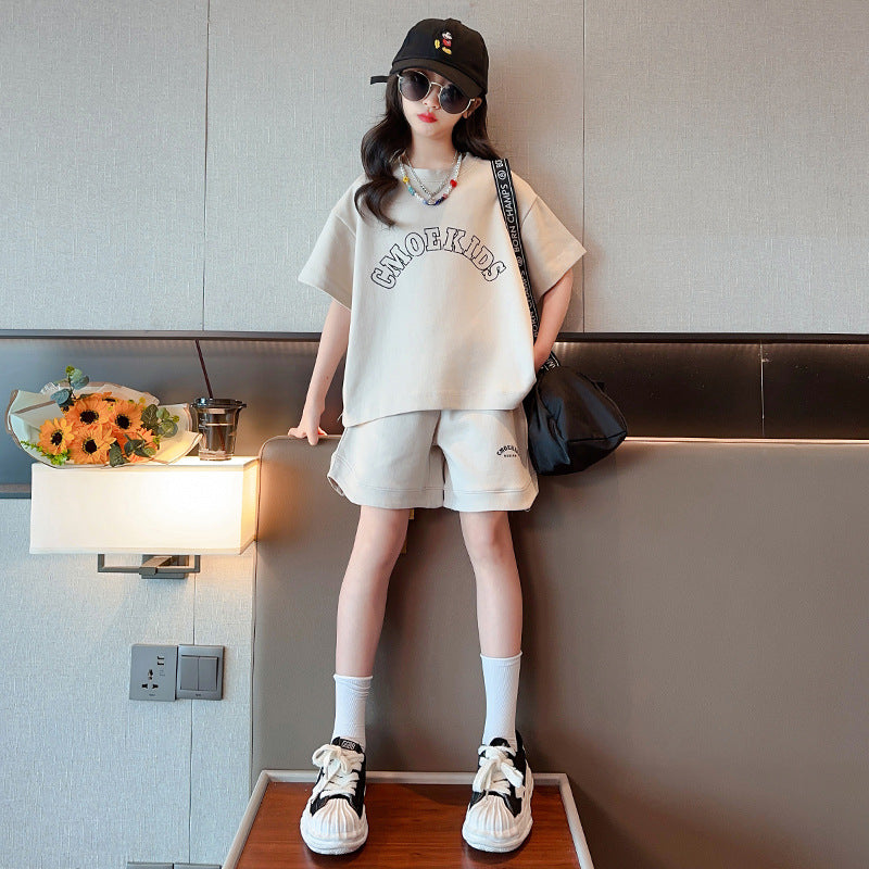 Girls' summer outfit  new set: stylish and trendy kids' streetwear, children's sportswear, big kids' short-sleeve two-piece summer set