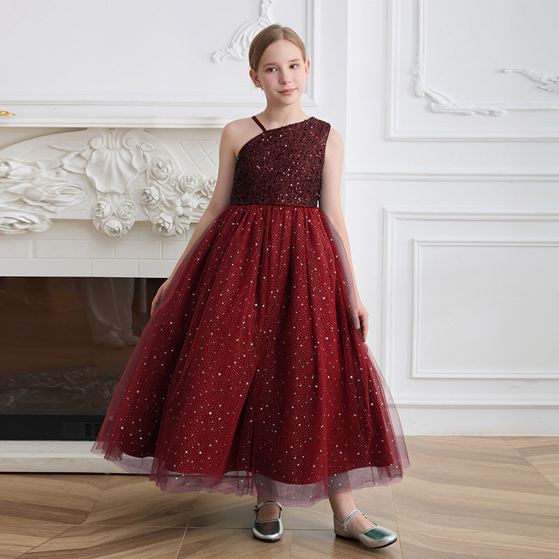 European and american export custom girls' dresses - one-shoulder, off-the-shoulder formal gowns - high-end sequin runway host/performance costumes for children