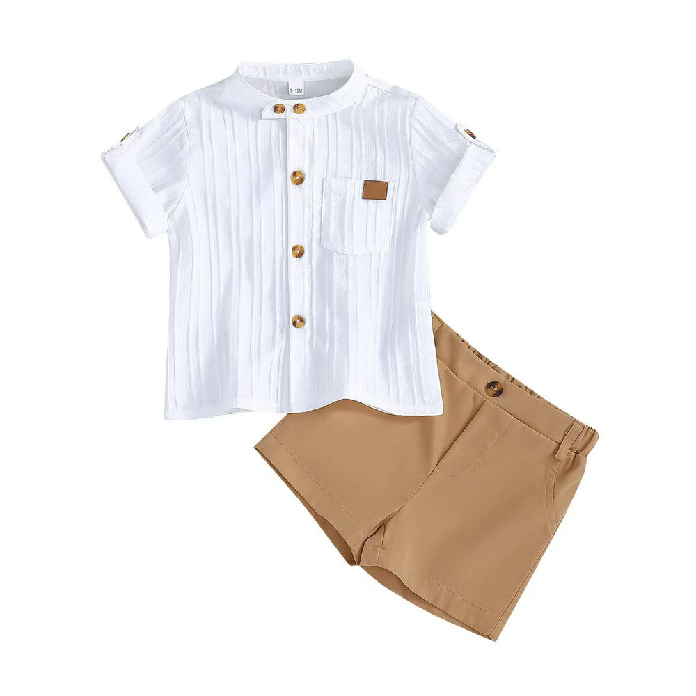 Children's clothingwhite vertical stripes short-sleeved shirt + khaki shorts two-piece set shirt