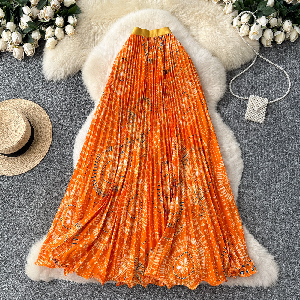 Vintage print pleated elastic waist fashion skirt - women's high-waisted a-line skirt - commute-friendly, flowy maxi skirt for summer