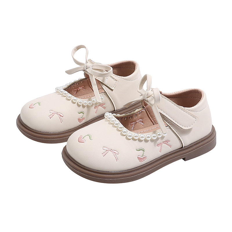 Vancahao girls' fashion leather shoes - new autumn collection: soft-soled embroidered bow princess shoes for little girls