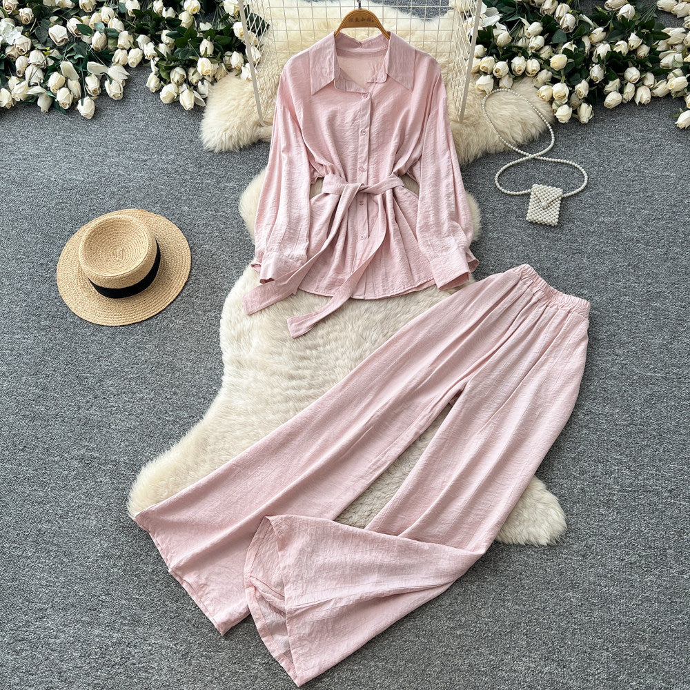 Commute-chic pink blouse and pants set for women,  summer two-piece, zen-inspired casual, figure-flattering, slimming, professional workwear