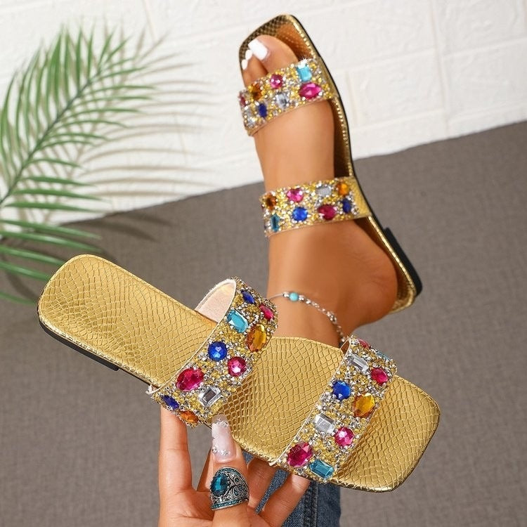 Wholesale women's plus size flat sandals:  new fashion rhinestone slingback square toe beach anti-slip slippers