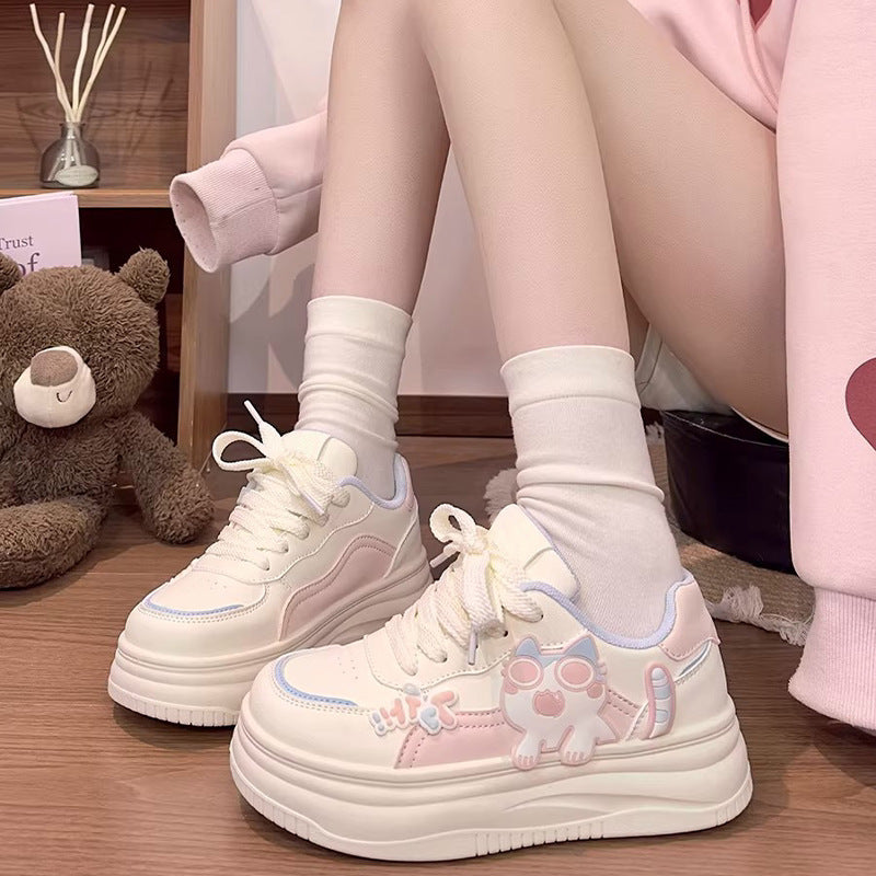 Girls' versatile chunky sole sneakers - new spring  cartoon sports casual trendy white shoes for students