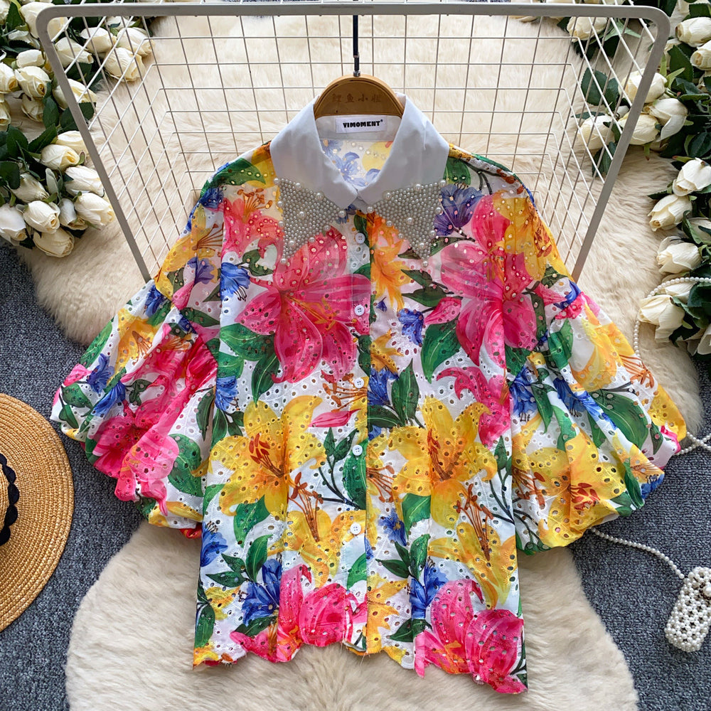 Vacation style heavy industry diamond-encrusted doll collar lantern sleeve printingshirt women's summer short-sleeved looseslimming lookcardigantops