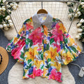 Vacation style heavy industry diamond-encrusted doll collar lantern sleeve printingshirt women's summer short-sleeved looseslimming lookcardigantops