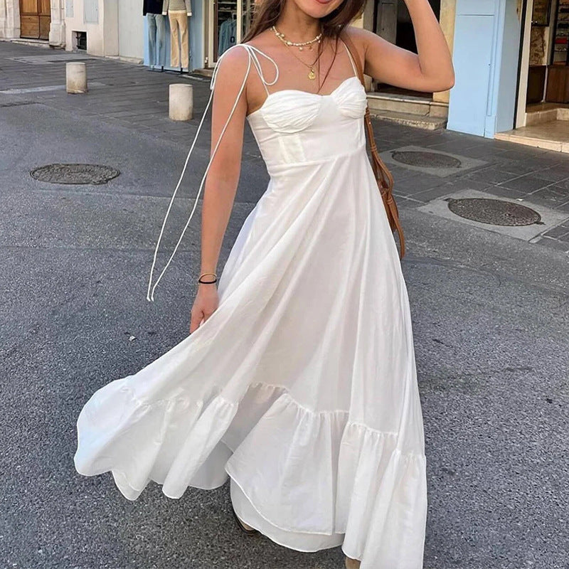 cross-border e-commerce women's fashion: european and american summer new arrivals - elegant solid color high-waisted spaghetti strap maxi dress 661