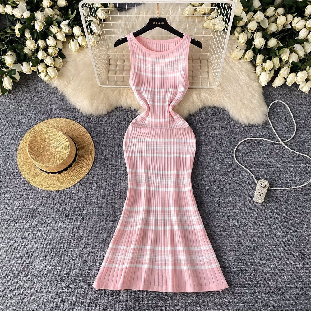 Striped dress women's summer  new french style high-end sleeveless slimming mermaid knit dress