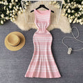 Striped dress women's summer  new french style high-end sleeveless slimming mermaid knit dress