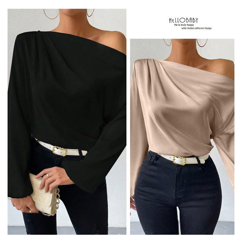 Asymmetrical long sleeve blouse - women's off-the-shoulder pullover top -  cross-border fashion - solid color satin long sleeve shirt